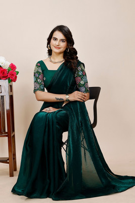 SAADHYA CREATION Embroidered, Solid/Plain Bollywood Satin Saree(Dark Green)