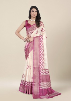 Senka Printed Ikkat Cotton Blend Saree(Cream)