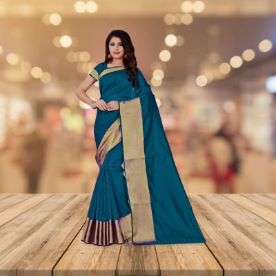 Vishnu Creations Woven, Solid/Plain Bollywood Cotton Blend Saree(Light Blue)