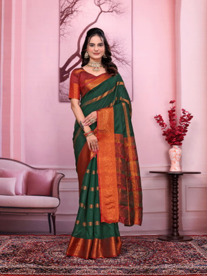 Banaras silk palace Woven Banarasi Silk Blend, Satin Saree(Dark Green)