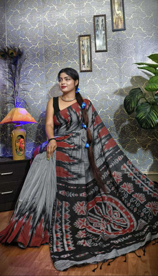 TRFASHIONHUB Printed Sambalpuri Cotton Blend Saree(Grey)