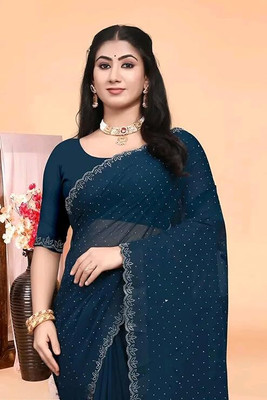 KAKADIYA CREATION Embellished Bollywood Chiffon Saree(Dark Blue)