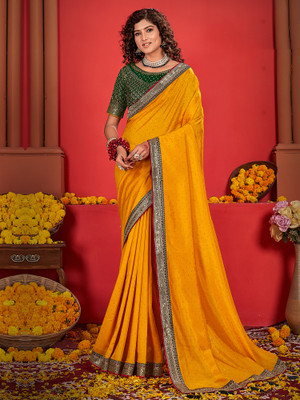 Tasrika Embroidered Bollywood Silk Blend Saree(Yellow)