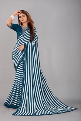 Maruti Creation Striped Bollywood Georgette Saree(White, Blue)