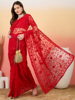 ShopGlobal Self Design Banarasi Net Saree(Red)