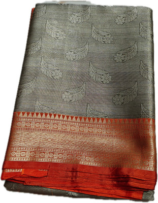 shree sarees Woven Kanjivaram Art Silk Saree(Grey, Orange)