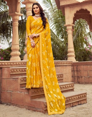 SIRIL Floral Print, Embellished, Printed Bollywood Chiffon Saree(Yellow, White)