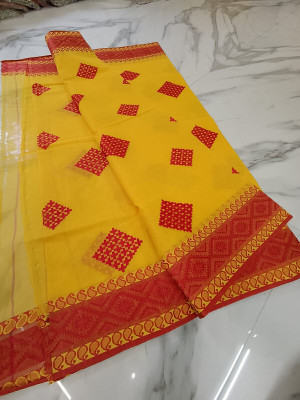 Happy Creation Printed Tant Handloom Cotton Blend Saree(Multicolor)
