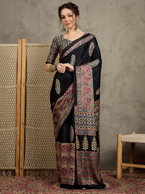 Tasrika Printed Hand Batik Crepe Saree(Black)