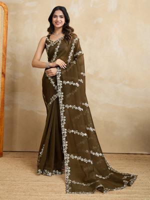 RekhaManiyar Solid/Plain Saree with Attached Blouse Chiffon Saree(Green)