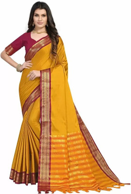 HouseOfCommon Solid/Plain Bollywood Jacquard Saree(Yellow, Pink)