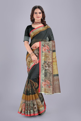 Kemza Digital Print Banarasi Cotton Silk Saree(Green)