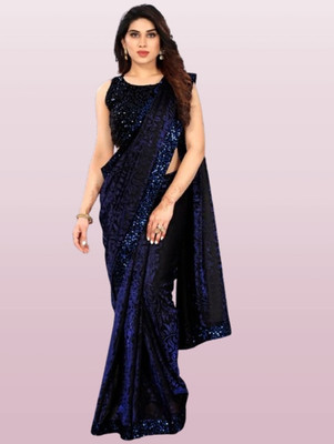 Vragi Floral Print Bollywood Lycra Blend Saree(Dark Blue)