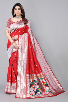 Satika Riti Self Design Paithani Pure Silk Saree(Red)
