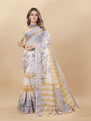 VS Enterprise Digital Print Bollywood Linen, Cotton Linen Saree(Cream)