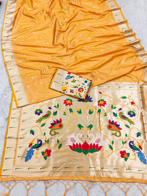 Keswi Fab Woven Banarasi Jacquard, Pure Silk Saree(Yellow)