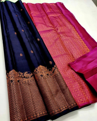 Wamsi Temple Border, Woven, Embellished, Solid/Plain Kanjivaram Pure Silk, Art Silk Saree(Dark Blue)