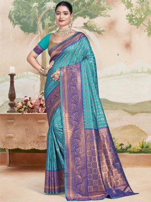 BUNAWAT Self Design Handloom Silk Blend Saree(Light Blue)