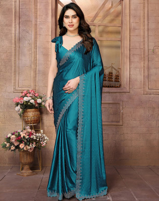 YASHIKA Embellished Bollywood Satin Saree(Blue)