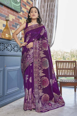 MIRMAN Striped Banarasi Pure Silk Saree(Purple)