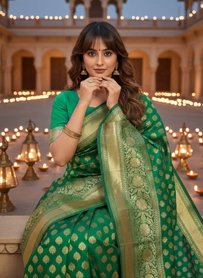 Sariya Woven Banarasi Silk Blend Saree(Dark Green)