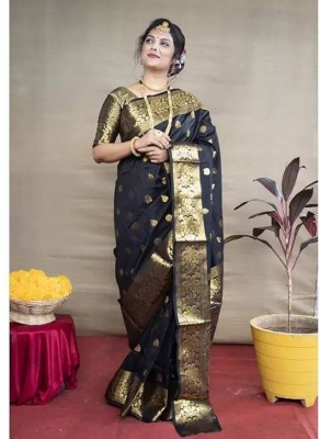 Sindharat Fashion Woven Kanjivaram Jacquard, Cotton Silk Saree(Black)