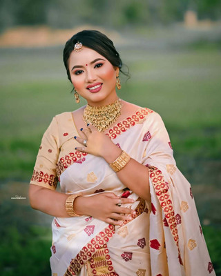 Sheden Lopez Creation Self Design Mekhela Chador Silk Blend Saree(White)