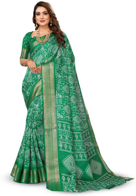 Moda Rapido Printed Bandhani Cotton Blend Saree(Green)