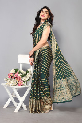 Divastri Printed, Striped Leheria Chiffon, Georgette Saree(Dark Green)