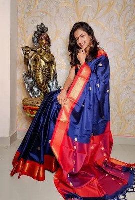 S S CREATION Woven Paithani Pure Silk Saree(Blue)