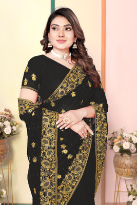CHAMUNDA CREATION Embroidered Bollywood Georgette Saree(Black)