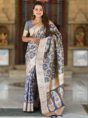 Nayanthara Trends Printed Banarasi Silk Blend Saree(Grey)