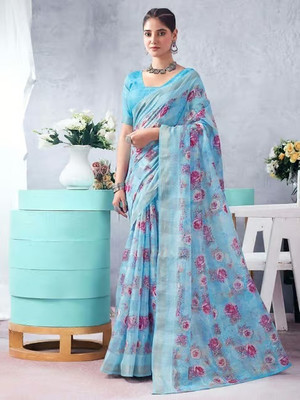 sareezaatrendz Printed Daily Wear Cotton Linen Saree(Light Blue)