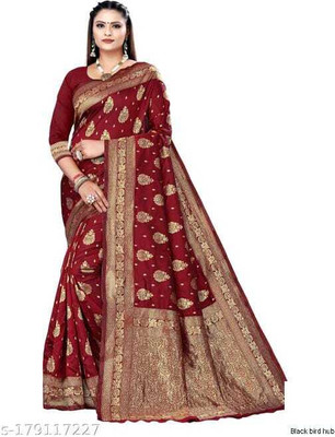 UK WORLDS Floral Print Banarasi Cotton Silk Saree(Maroon)