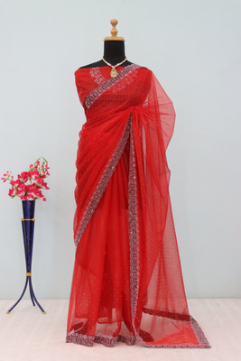 JennyFeb Villa Embellished Bollywood Supernet Saree(Red)