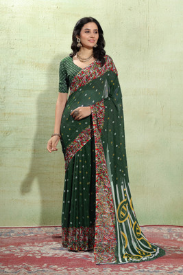 Vichitra Printed Bollywood Georgette Saree(Dark Green)