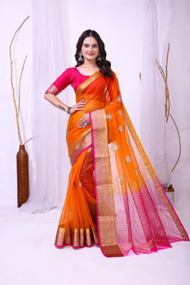 HERE&NOW Embroidered Bollywood Organza Saree(Orange)