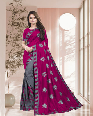 SHOBHTESH Embroidered Venkatagiri Silk Blend, Net Saree(Magenta, Grey)
