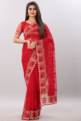 YARA CREATION Embroidered Bollywood Net Saree(Red)