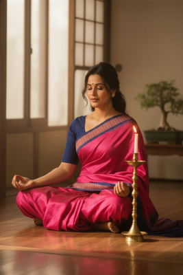 Afronza Temple Border, Woven, Self Design, Solid/Plain Sambalpuri Supernet, Jacquard Saree(Pink, Dark Blue)