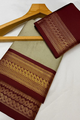 VILLAGIUS Embellished, Floral Print, Printed, Self Design, Temple Border, Solid/Plain, Woven Kanjivaram Cotton Silk, Art Silk Saree(Beige)