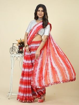 SHOBHTESH Digital Print, Embroidered, Embellished, Printed, Self Design, Striped Leheria Georgette Saree(Red, White)