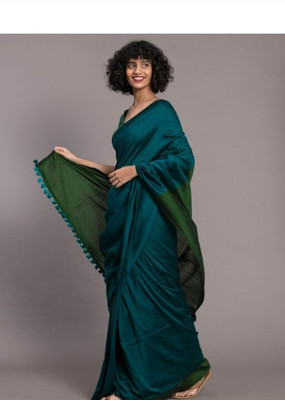 HouseOfCommon Solid/Plain Handloom Cotton Silk Saree(Light Green)