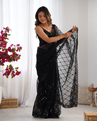 Sangria Embroidered Bollywood Net Saree(Black)