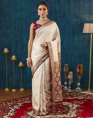 Satrani Woven, Embellished Banarasi Silk Blend Saree(Maroon, Beige)