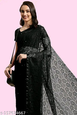 VioProm Floral Print Bollywood Net Saree(Black)