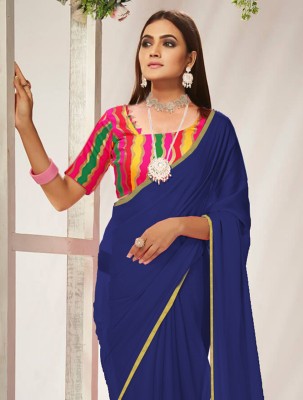 Sareez House Solid/Plain Bollywood Chiffon Saree(Dark Blue)