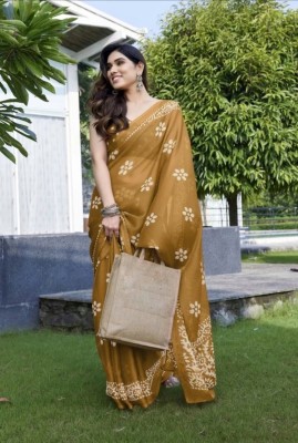 HousOfCommon Printed, Blocked Printed, Geometric Print Hand Batik Chiffon Saree(Gold, White)