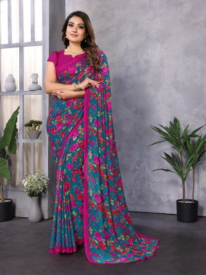 Moda Rapido Floral Print Daily Wear Georgette Saree(Green)