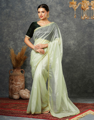 all about you Embellished, Solid/Plain, Dyed Bollywood Net Saree(Light Green)